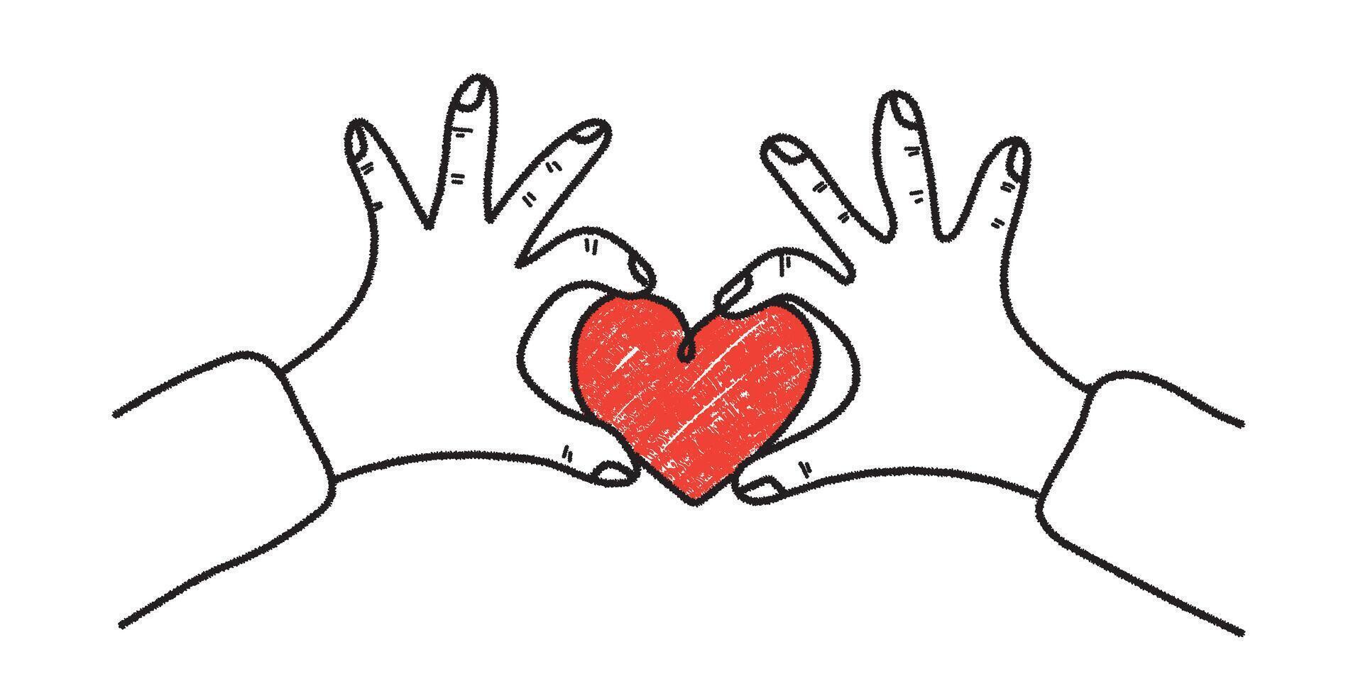 Brush drawn hands holding heart. Romantic print for valentines day. Elegant minimal line stroke style. chalk graphic elements vector