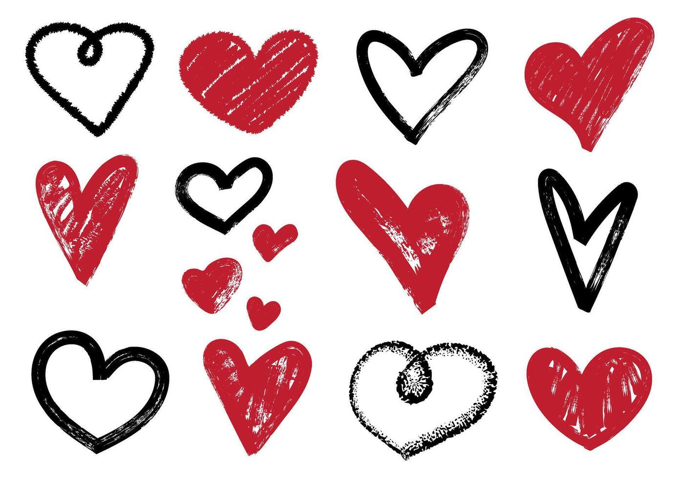 Set of hand drawn hearts in brush stroke texture paint style vector