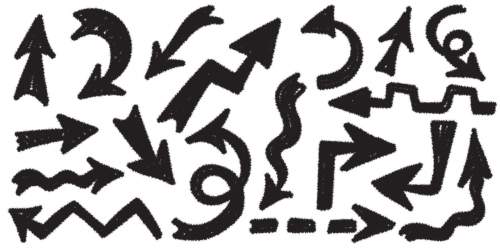 Crayon texture arrows set. Collection of hand drawn doodle thick arrows in different directions. Elegant minimal line stroke style. chalk graphic elements. vector