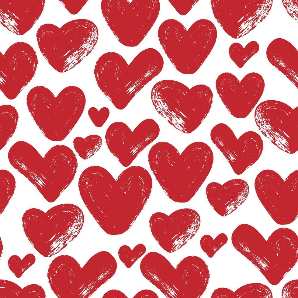 Seamless pattern with hand drawn red hearts in brush stroke texture paint style. Romantic print for valentines day. Great for textile, fabric, wallpaper, wrapping, scrapbook and packaging vector