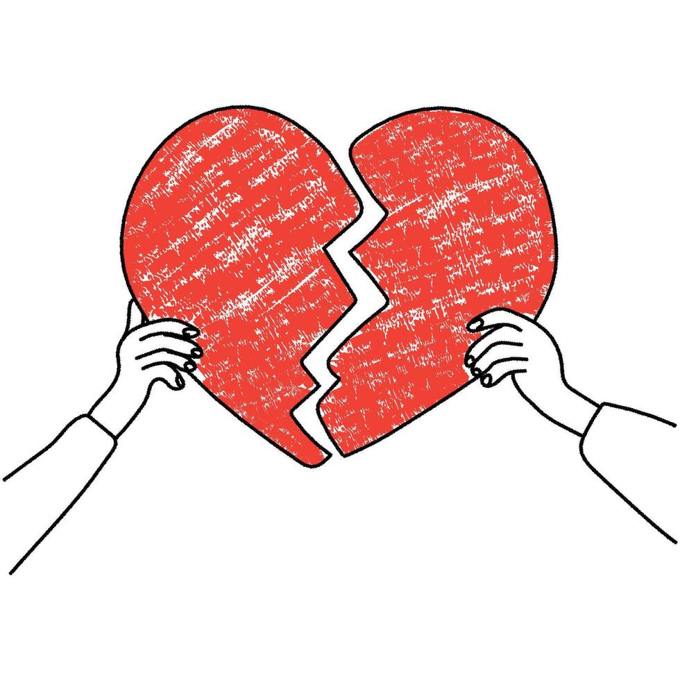 Brush drawn hands holding a piece of broken heart. Divorce or heartbreak concept. Elegant minimal line stroke style. chalk graphic element vector