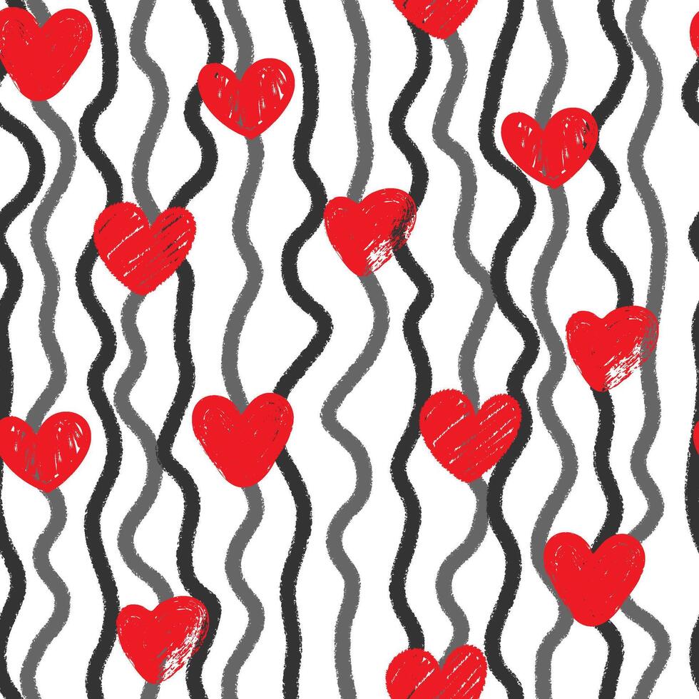 Abstract ink wavy lines and Hand drawn hearts seamless pattern. Romantic print for valentines day. Great for textile, fabric, wallpaper, wrapping, scrapbook and packaging vector