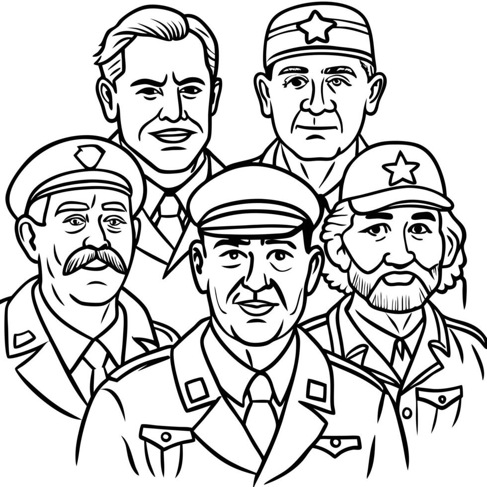 A group of men in military uniforms coloring page vector