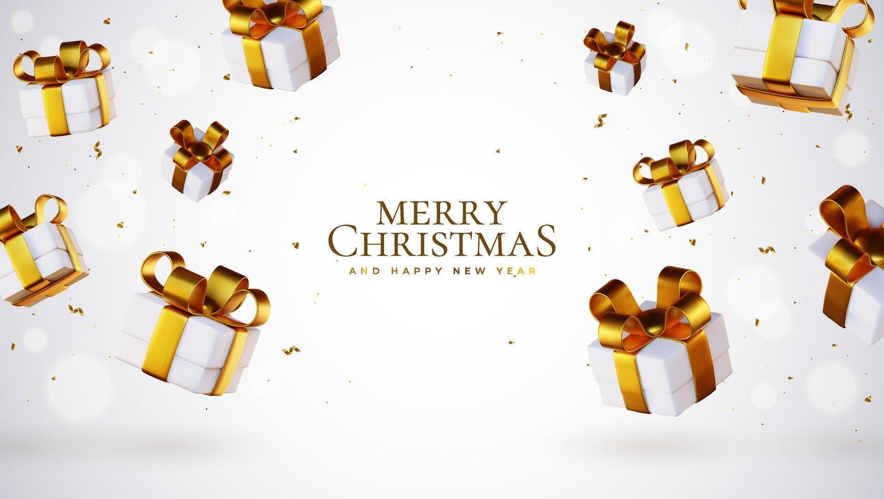 Happy Holidays. A white gift box adorned with a gold ribbon and sparkling gold sequin confetti set against a crisp white backdrop. vector