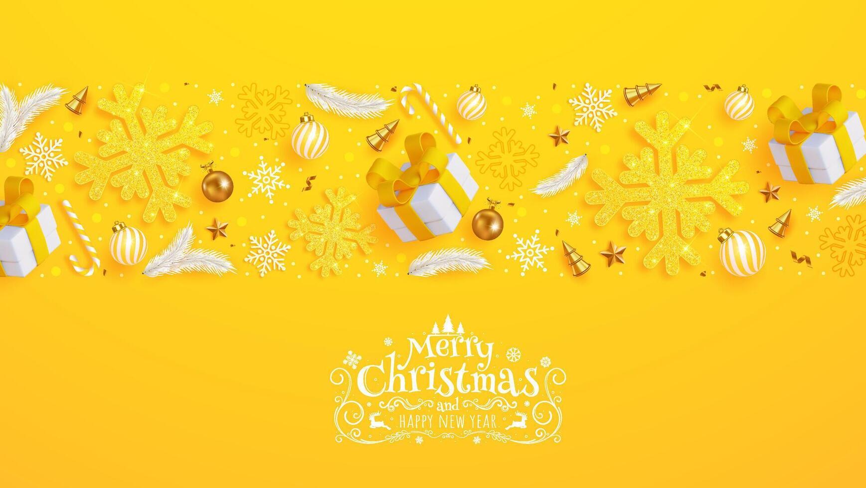 Festive Christmas featuring snowflakes, wrapped presents, and decorative elements set against a bright yellow backdrop. vector