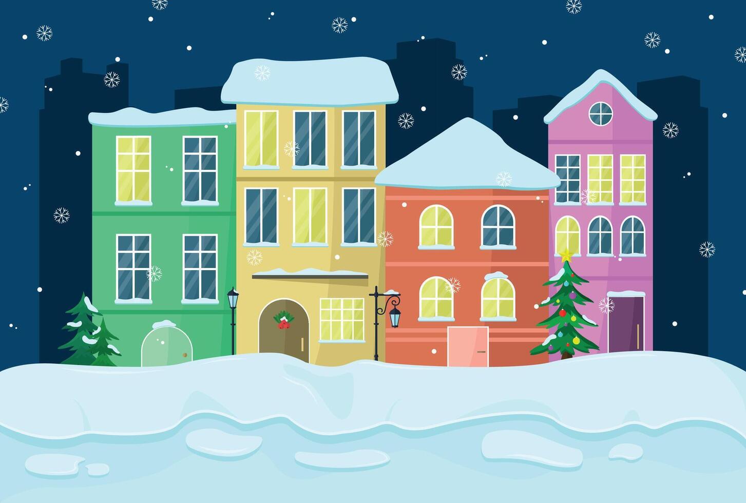 Houses with snowdrifts and snowflakes on a dark background. vector