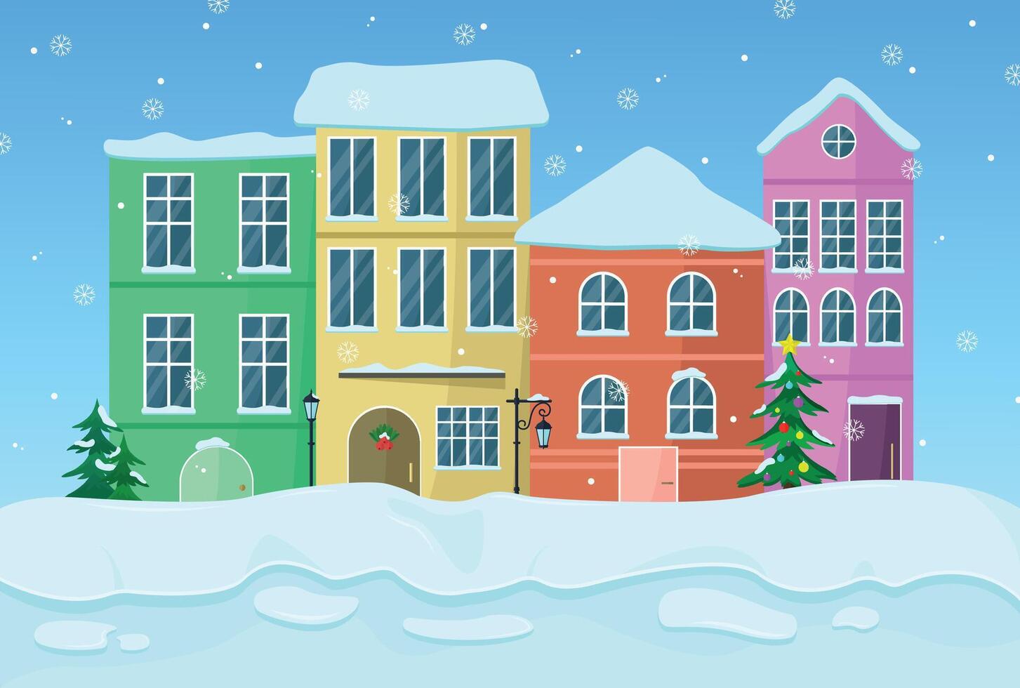 Houses with snow, snowflakes and lanterns against the sky. vector