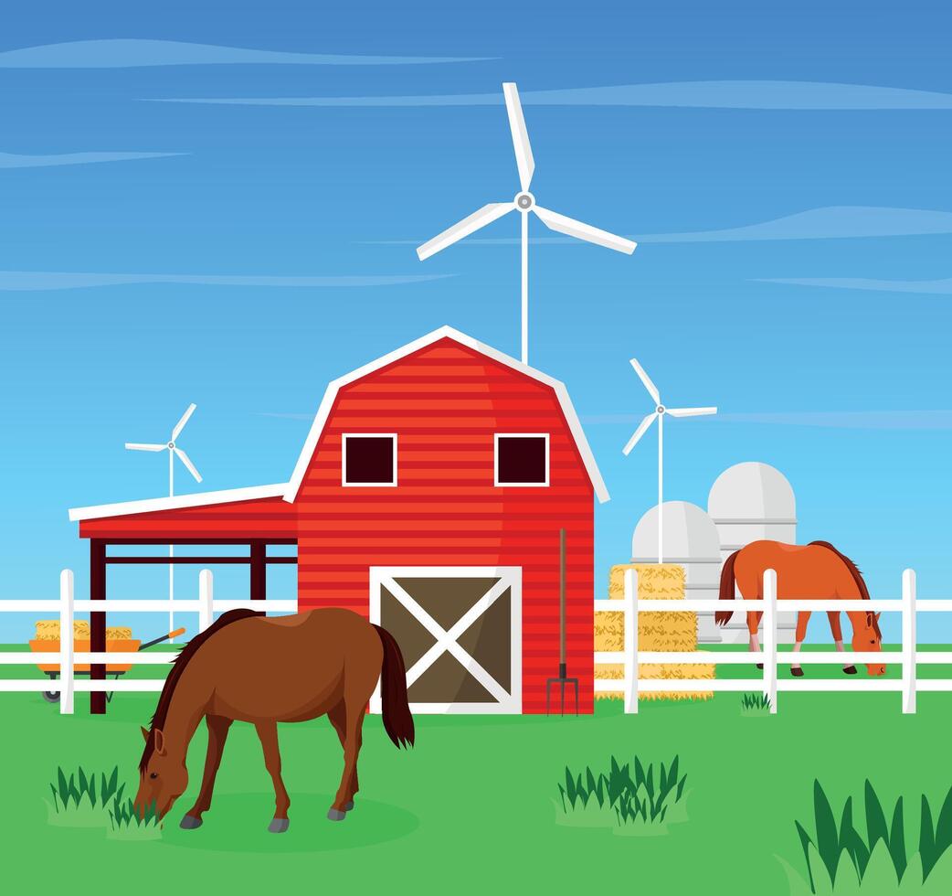 Stable with horses, windmills and hay. Agriculture and cattle. vector