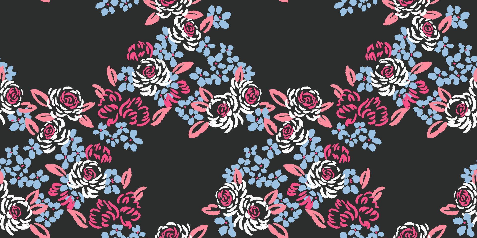 Abstract, artistic shapes rose flowers intertwined in a seamless pattern on a black background. Colorful blooming floral brush ornament. hand drawn sketch. vector