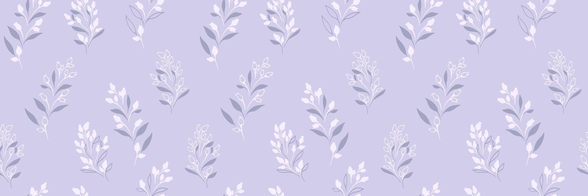Plain unique seamless pattern with shapes tiny branches leaves, buds with drops. Pastel purple violet floral print. hand drawn sketch. Nature ornament for designs vector