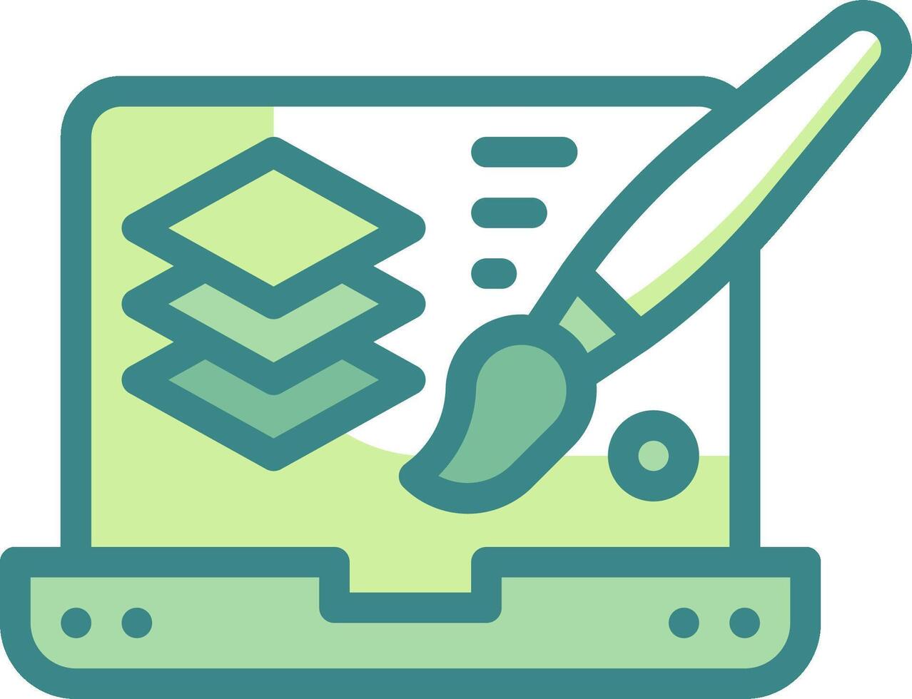 A green and white laptop with a paintbrush and a stack of paper vector