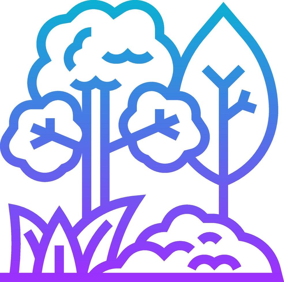 A blue and purple line icon of trees and clouds vector