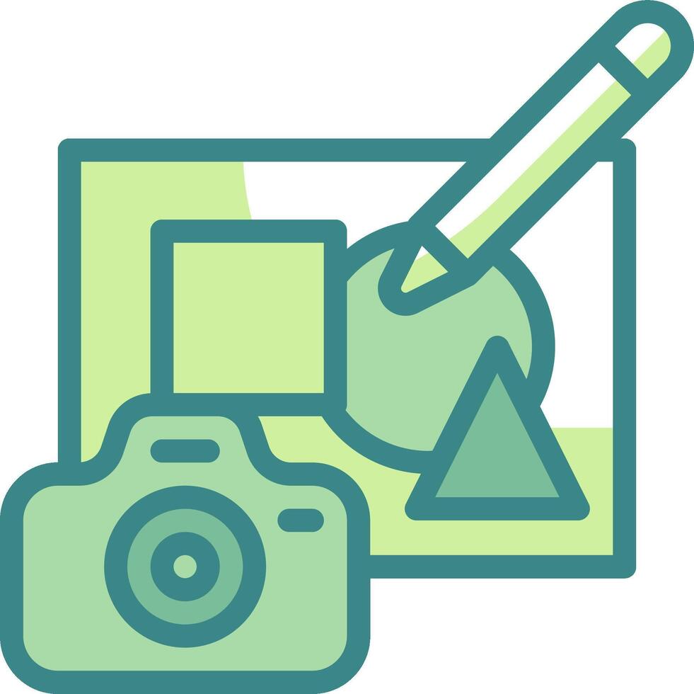 A camera and a pencil are next to a green triangle vector
