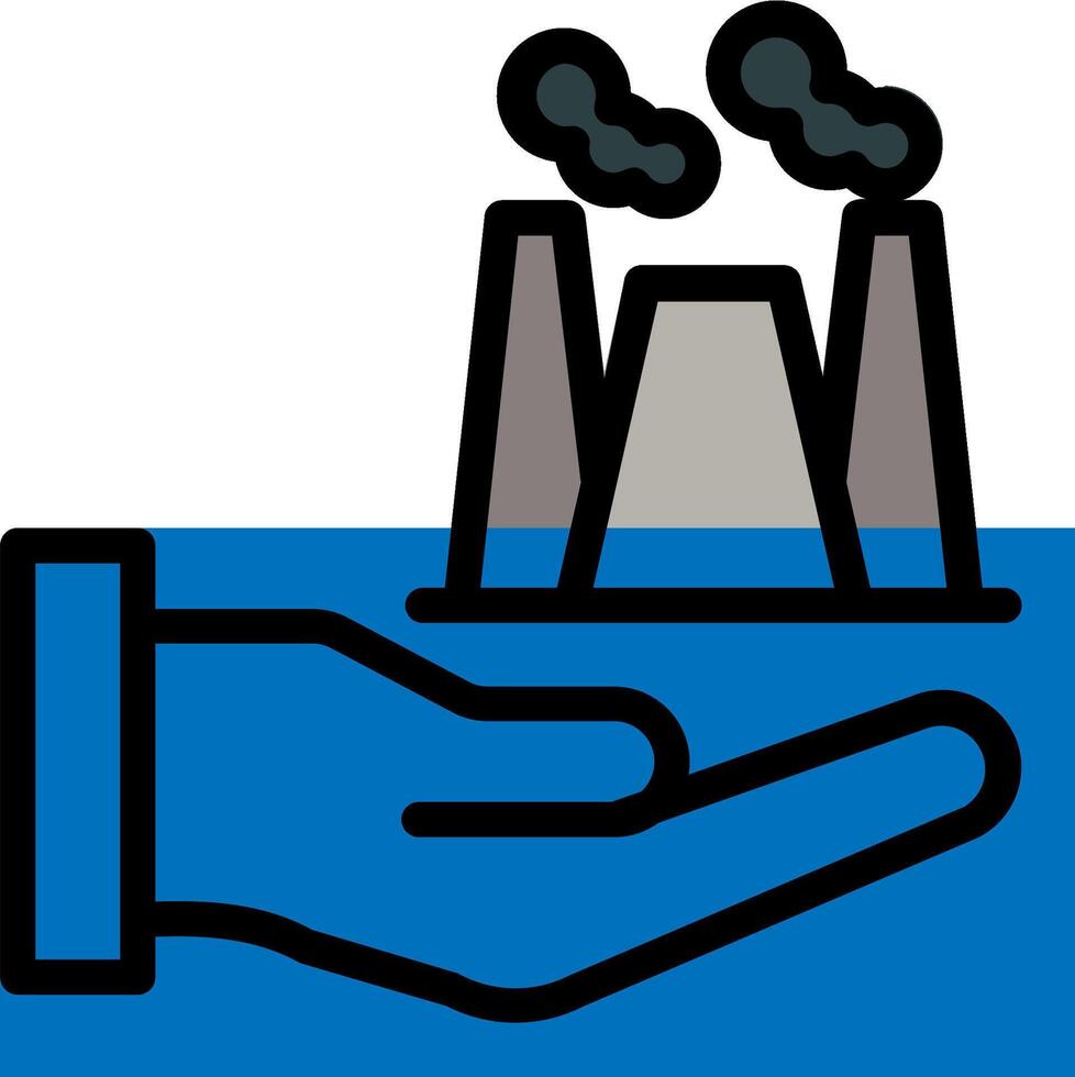 A hand holding a blue and white icon with a factory vector