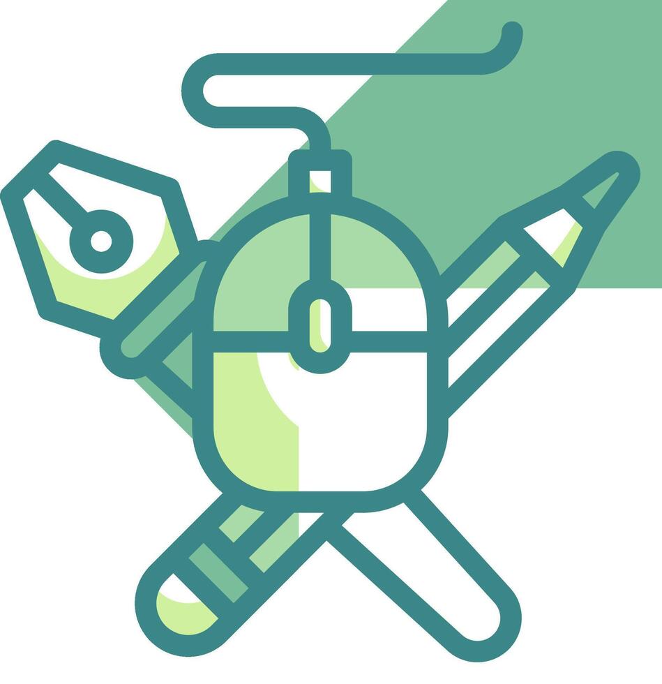 A mouse, pen, and pencil are shown in a green and white design vector