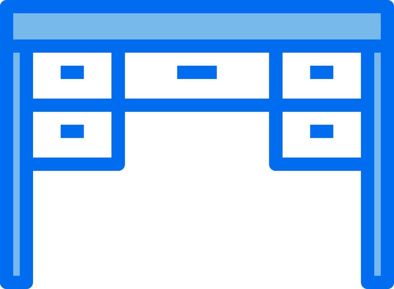 A blue and white icon of a desk vector