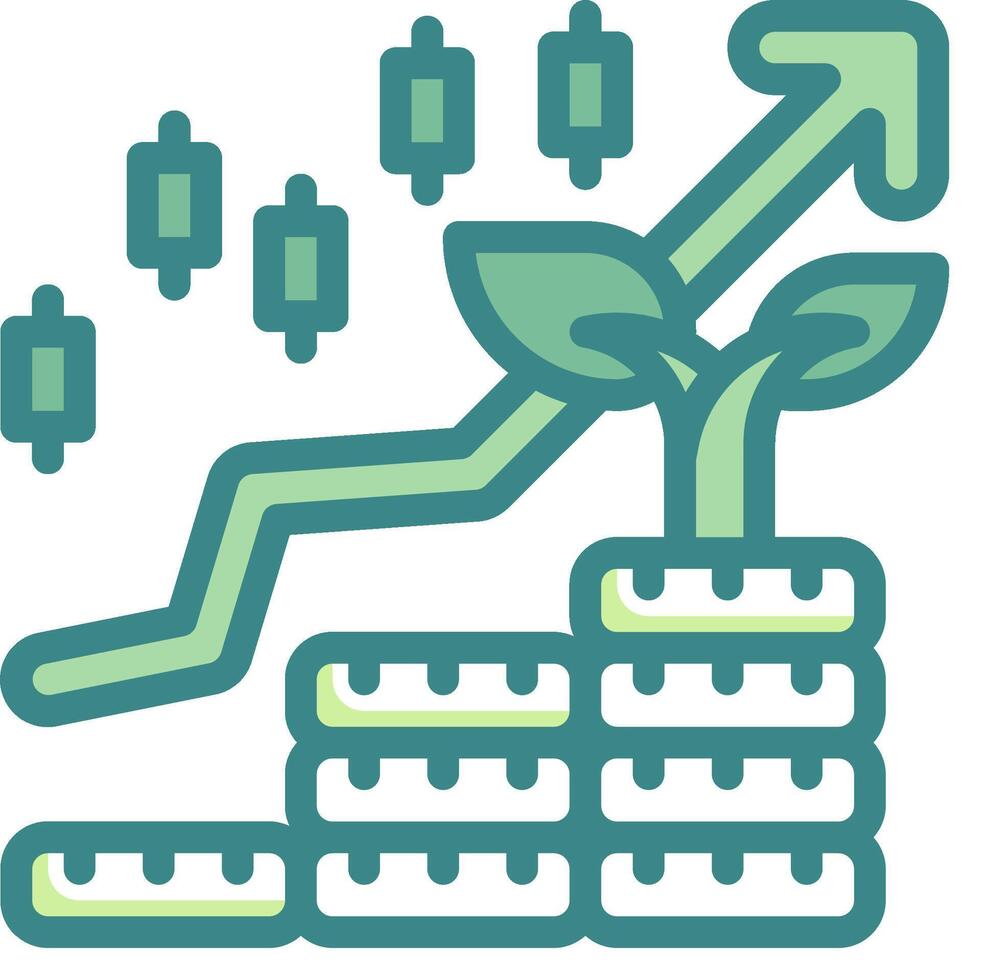 A green icon with a plant growing on top of a stack of coins vector