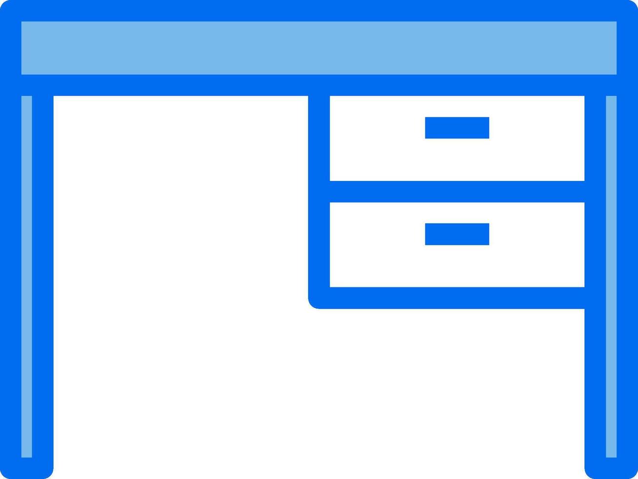 A blue and white icon of a desk vector