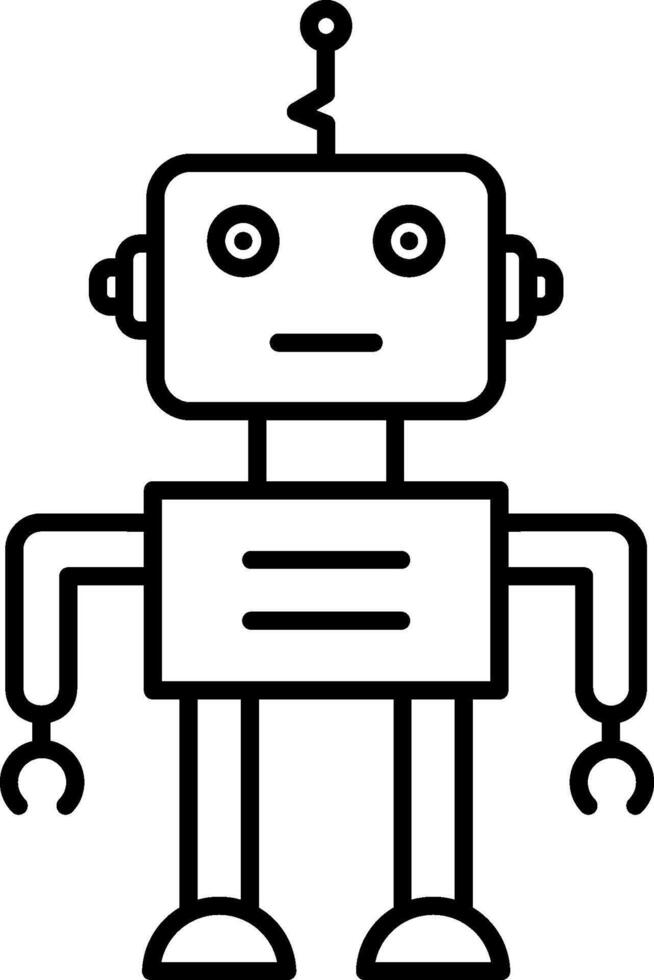 A robot is shown in black and white vector