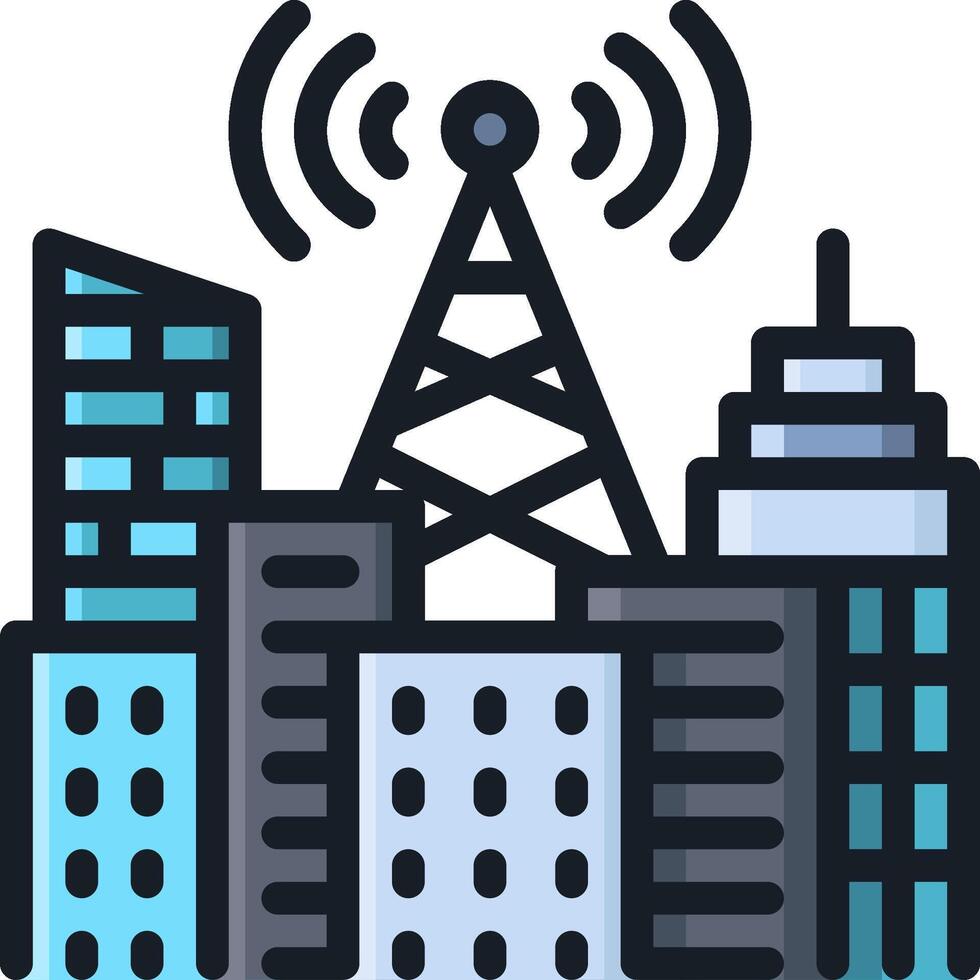 A city with a radio tower and a cell phone vector