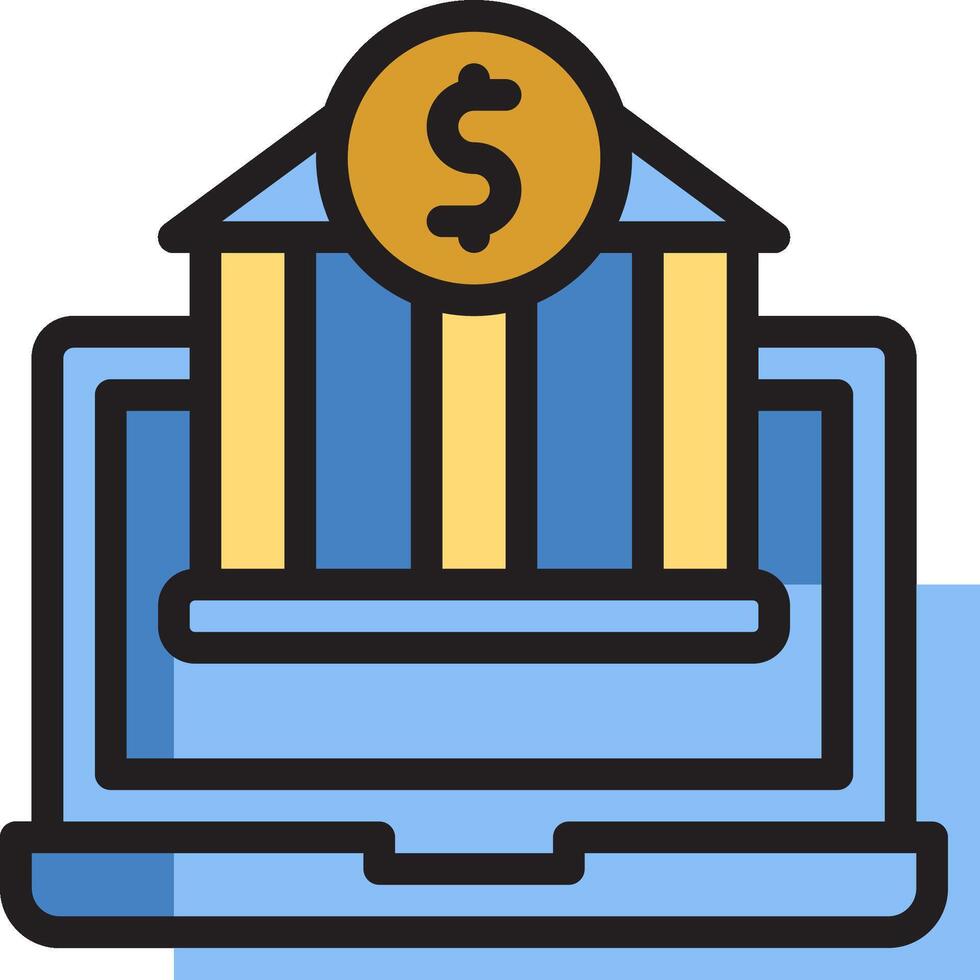 A laptop with a bank building and a dollar coin vector