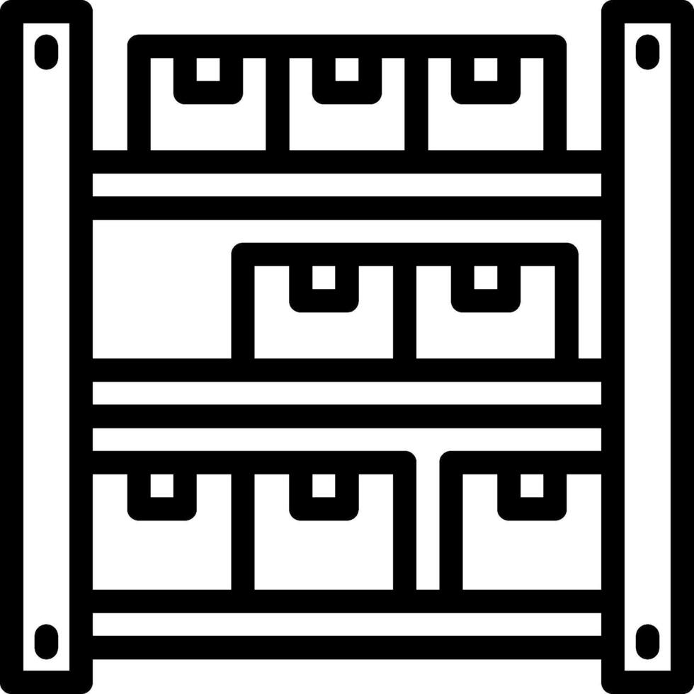 A black and white icon of a shelf with boxes vector