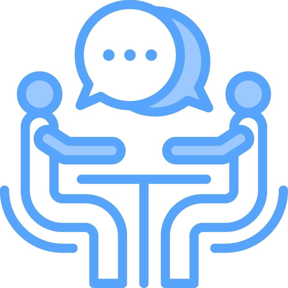 A blue icon of two people sitting at a table with a speech bubble vector
