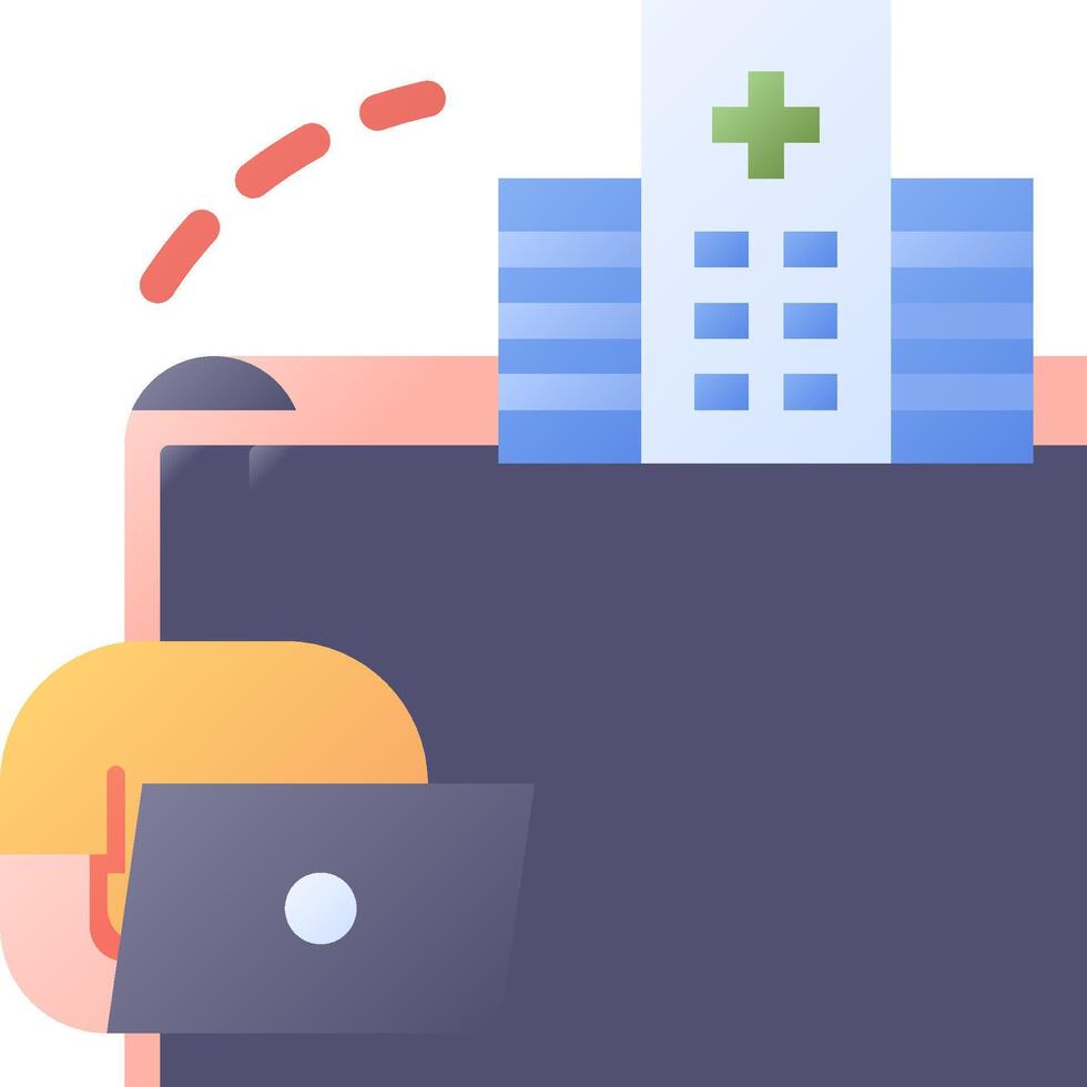 A person is sitting on a laptop with a hospital building in the background vector
