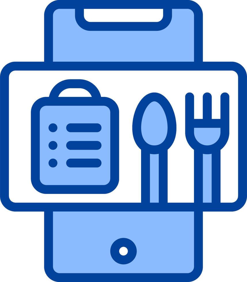 A blue and white icon of a fork, spoon and knife vector