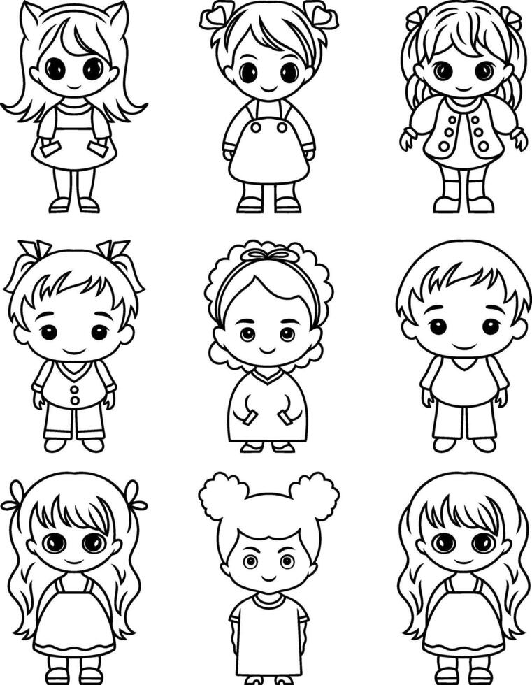 Anime girl and boy set isolated. Coloring book page. Hand drawn vector