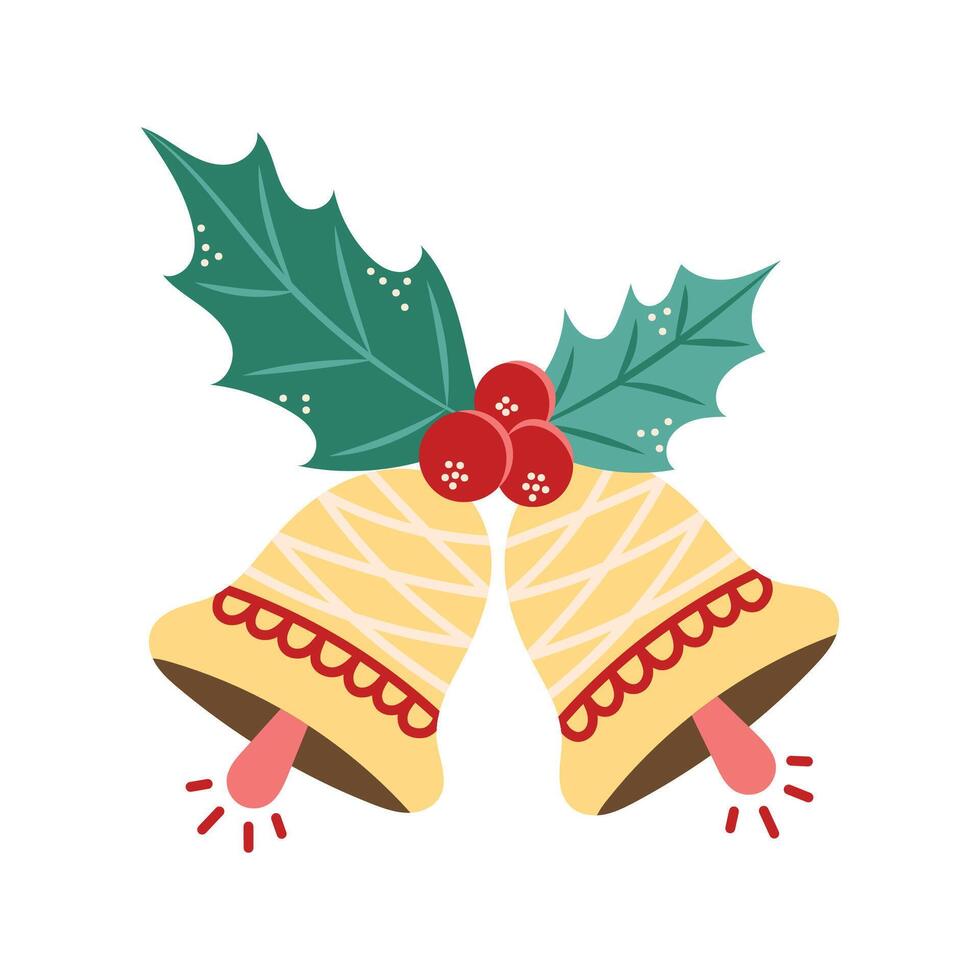 Two bells and holly branch on white background. Isolated element for design of cards, patterns, banners. Christmas and New Year. illustration. vector