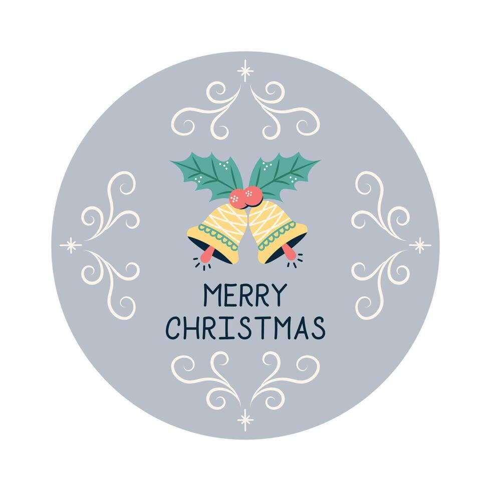 Round Christmas Card with Bells. Greeting card on gray background. Christmas and New Year banner. illustration. vector