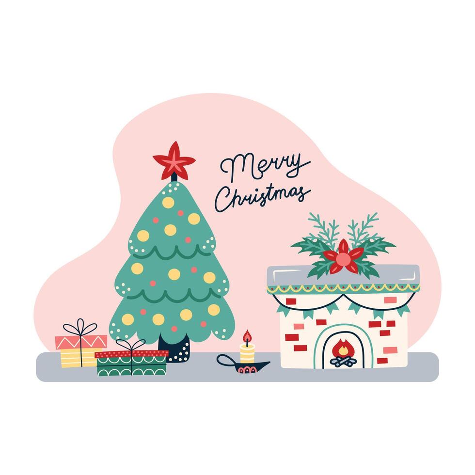 Merry Christmas banner with tree and fireplace. Greeting card on pink background. Christmas and New Year banner. illustration. vector