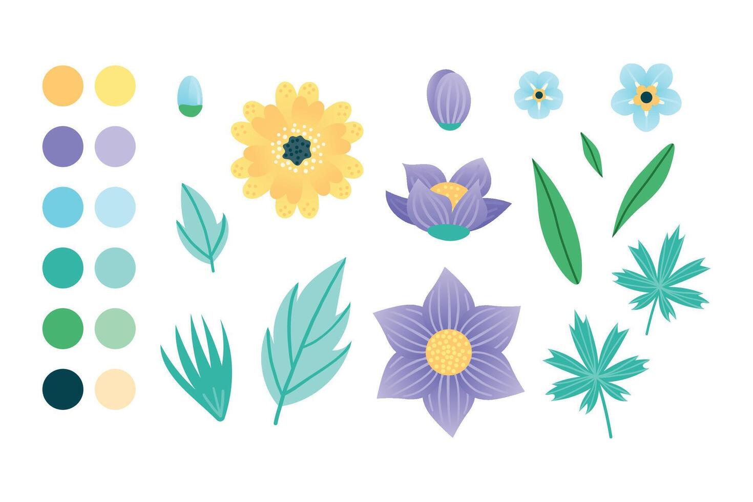 Set of elements Flowers and leaves for design. Collection of plant elements On a white background. Delicate purple blue and yellow flowers. illustration. vector