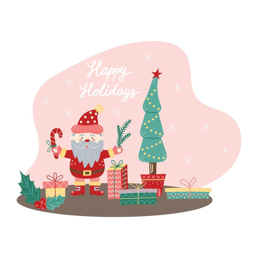Merry Christmas Card with Santa Claus. Greeting card on pink background. Christmas and New Year banner. illustration. vector