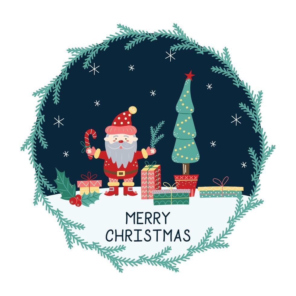 Merry Christmas Card with Santa Claus. Greeting card on dark background and round frame. Christmas and New Year. illustration. vector