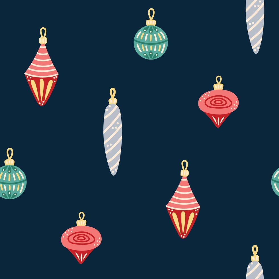 Seamless pattern with glass Christmas tree decorations on dark background. Christmas and New Year. illustration. vector