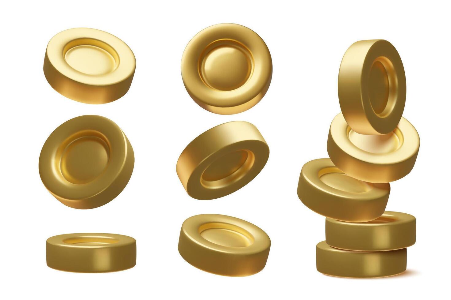 3d gold coins set and minimal realistic money stack illustration isolated on white background vector