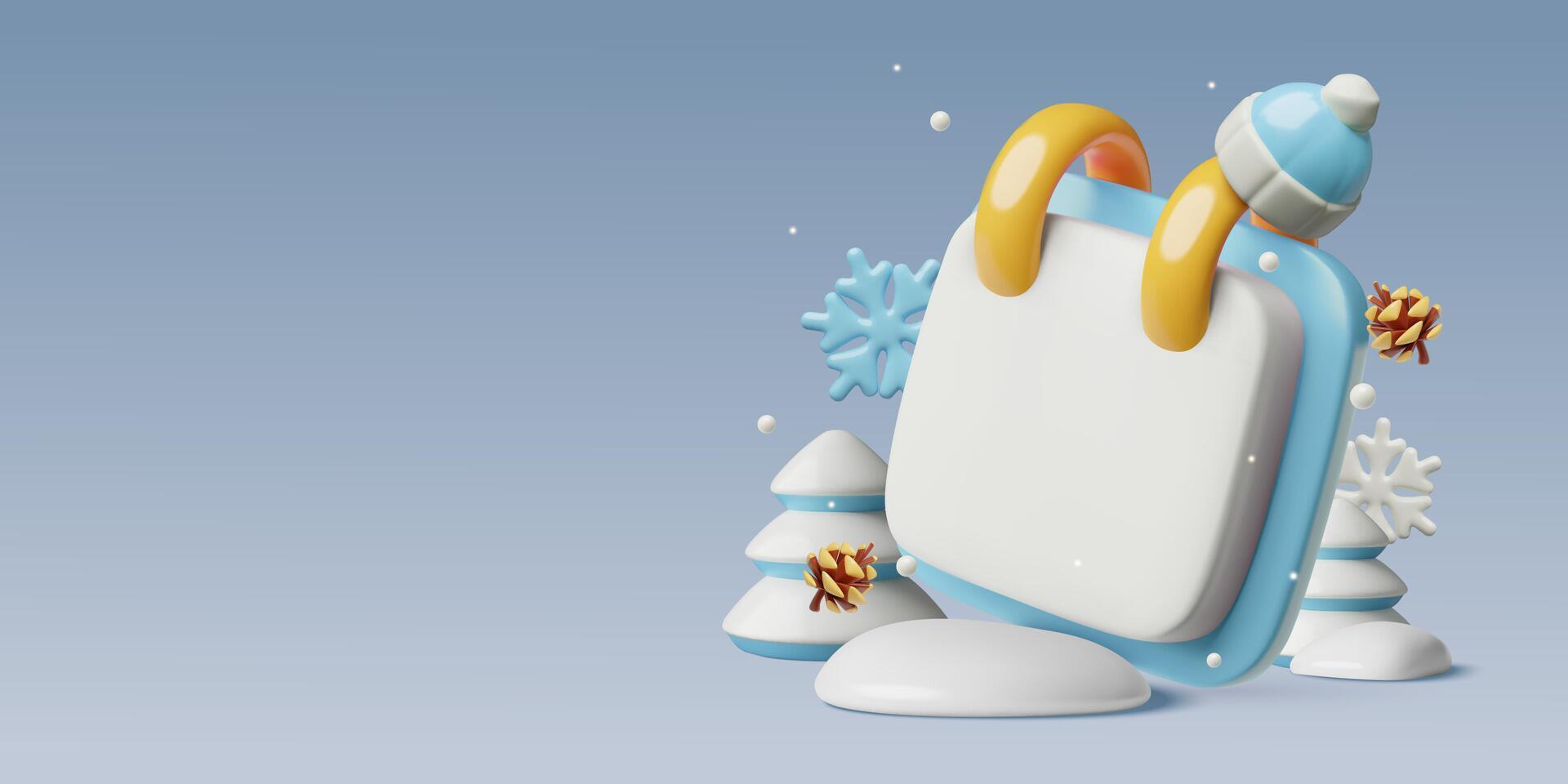 3d Winter month calendar background design with snowy pines and empty space vector