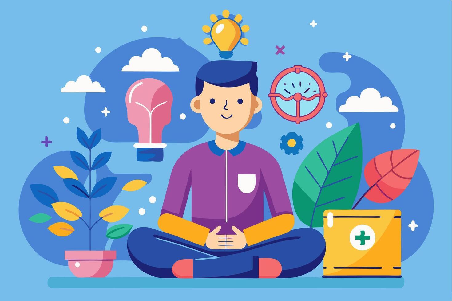 A man meditating with a light bulb and other items vector