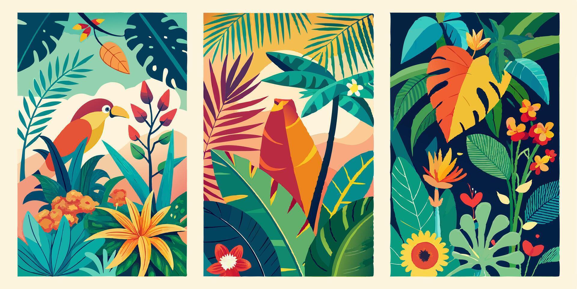 Three vertical banners with tropical plants and birds vector