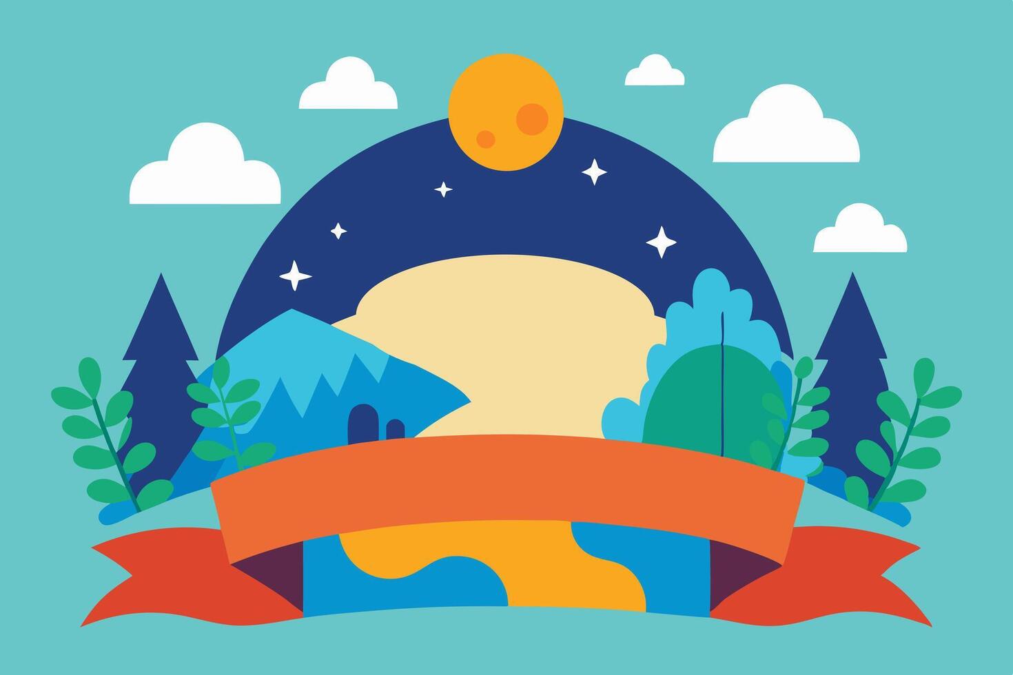 A flat design with a mountain and trees vector