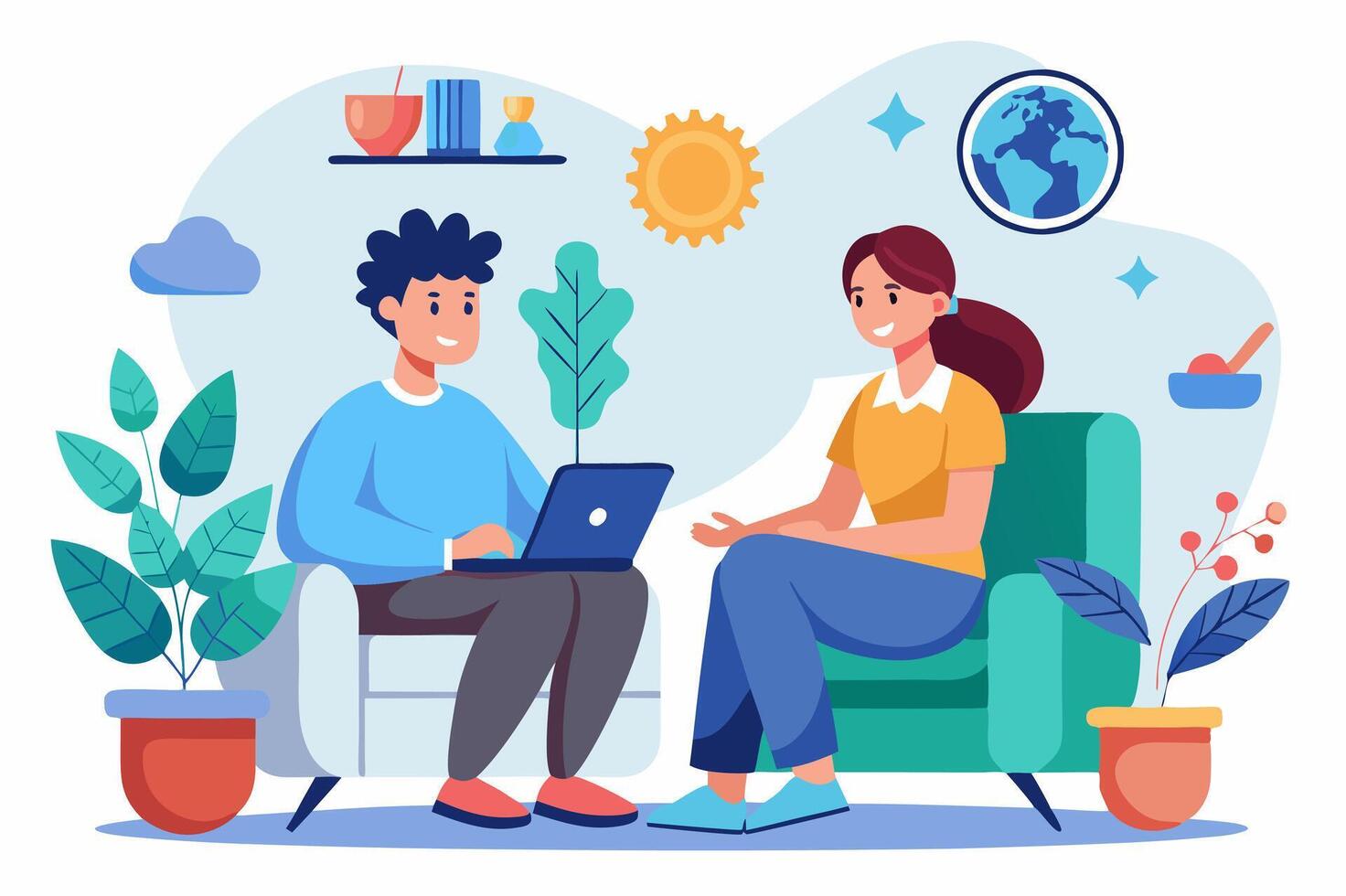 A man and woman sitting on a couch with a laptop vector