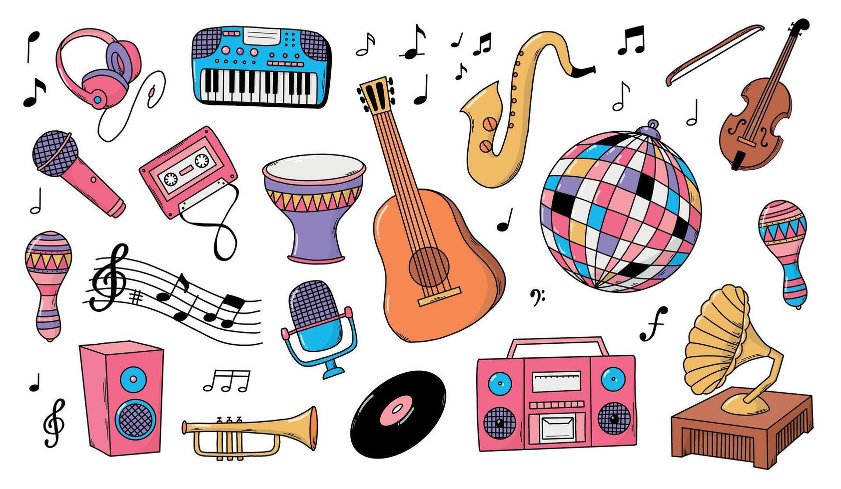 music cartoon doodles collection for prints, cards, social media, scrapbooking, stickers, planners, sublimation, etc. EPS 10 vector