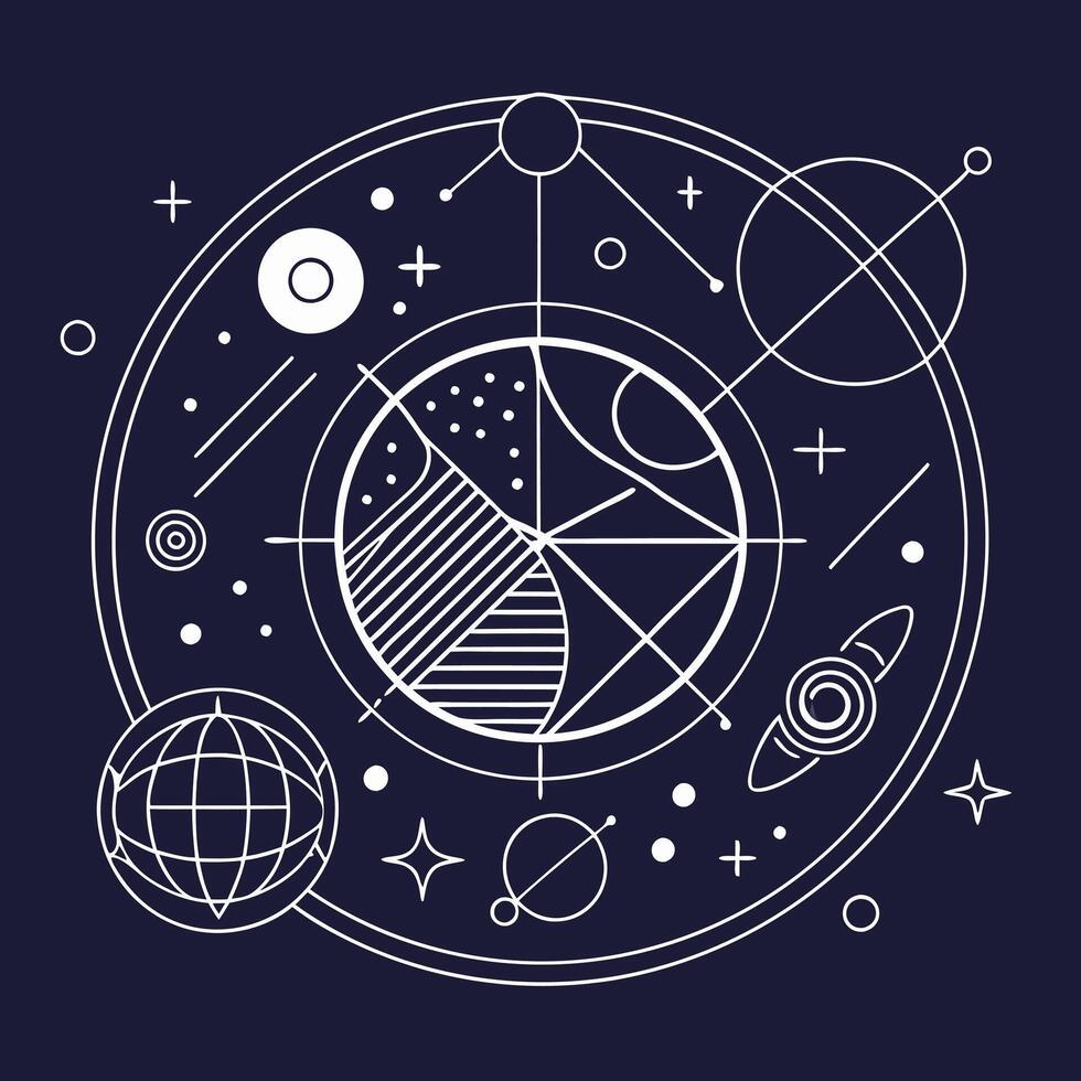 The planets and stars are shown in a circle vector