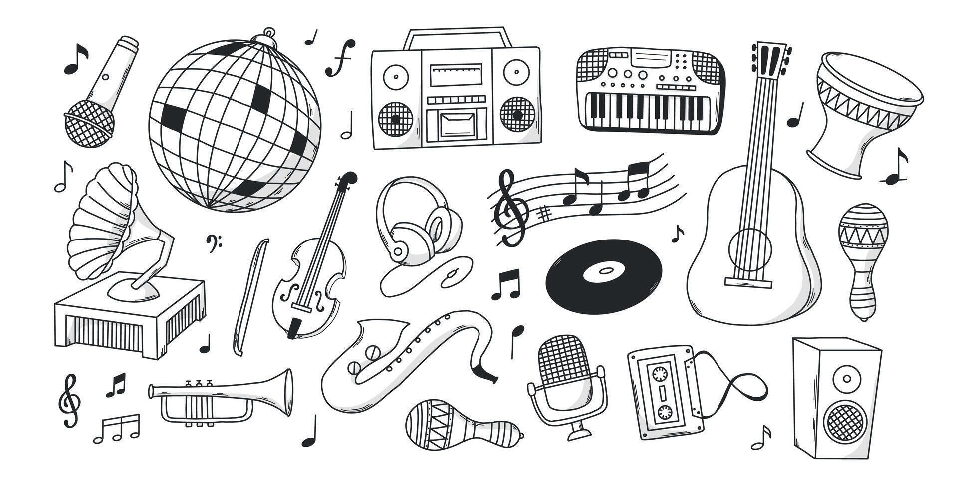Music black and white cartoon doodles collection for coloring pages, stickers, prints, wallpaper, banners, cards, planners decor. EPS 10 vector