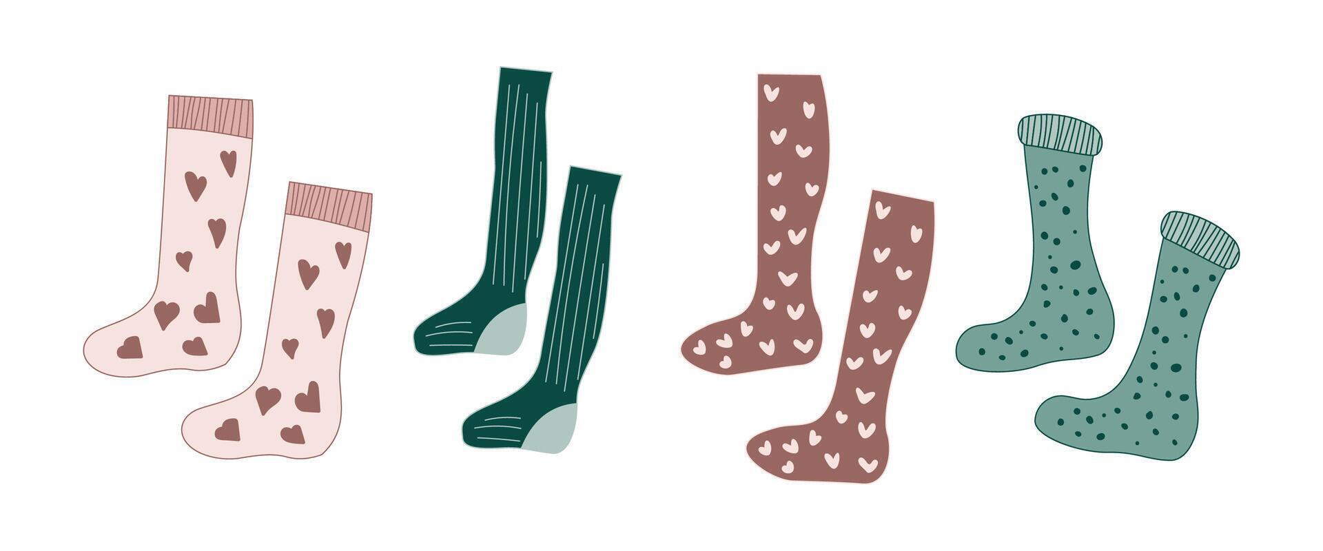 Flat sock icon design. Green winter hosiery with pattern isolated graphic collection. Cute wool cloth for holiday, cozy autumn day or valentine for woman. Stripe and dot drawing on warm pair. vector