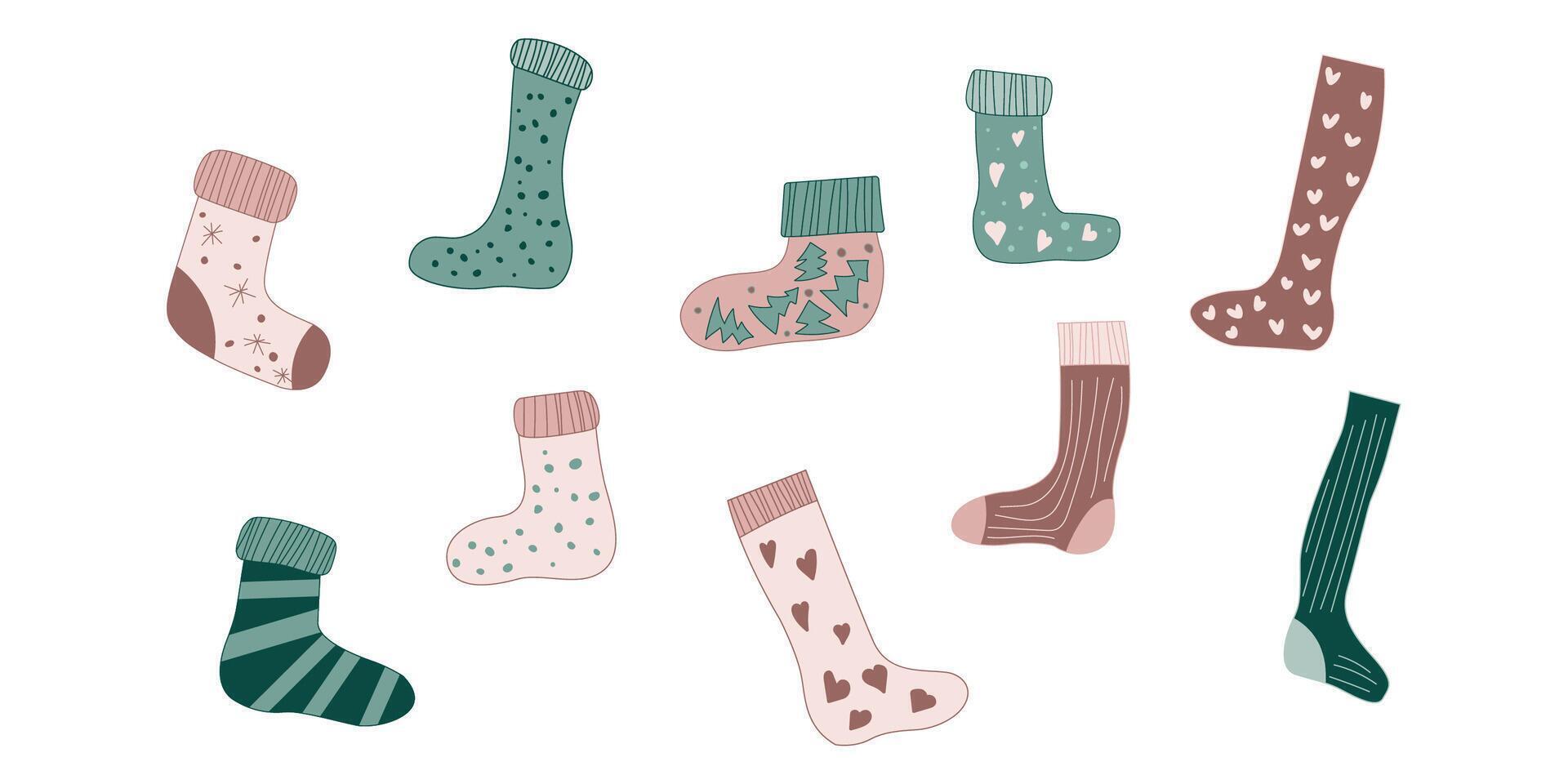 Sock set with Christmas pattern. Winter hosiery template isolated collection design. Holiday drawing with snowflake, heart and xmas tree for cozy autumn day. Long and short different cloth art. vector