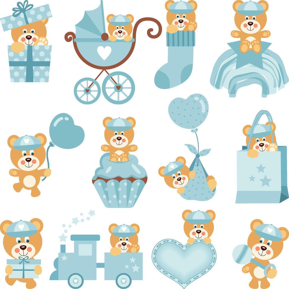 Set of blue digital elements of cute baby boy teddy bear vector