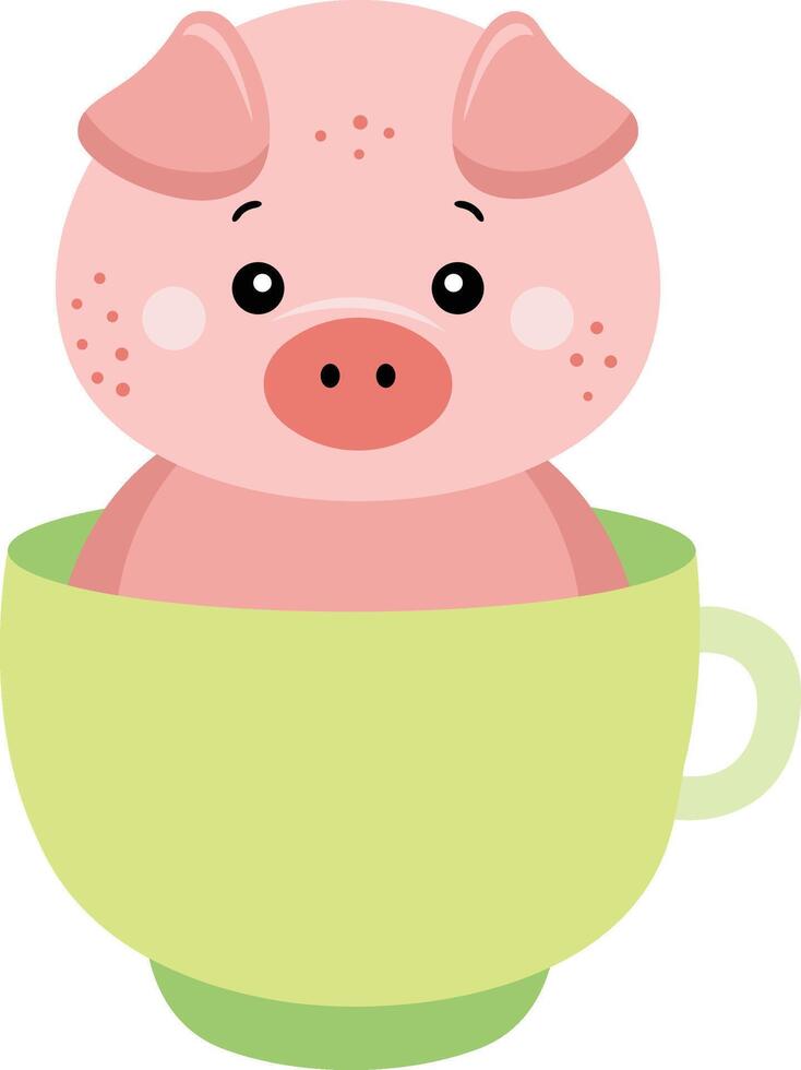 Adorable pig inside a green cup vector